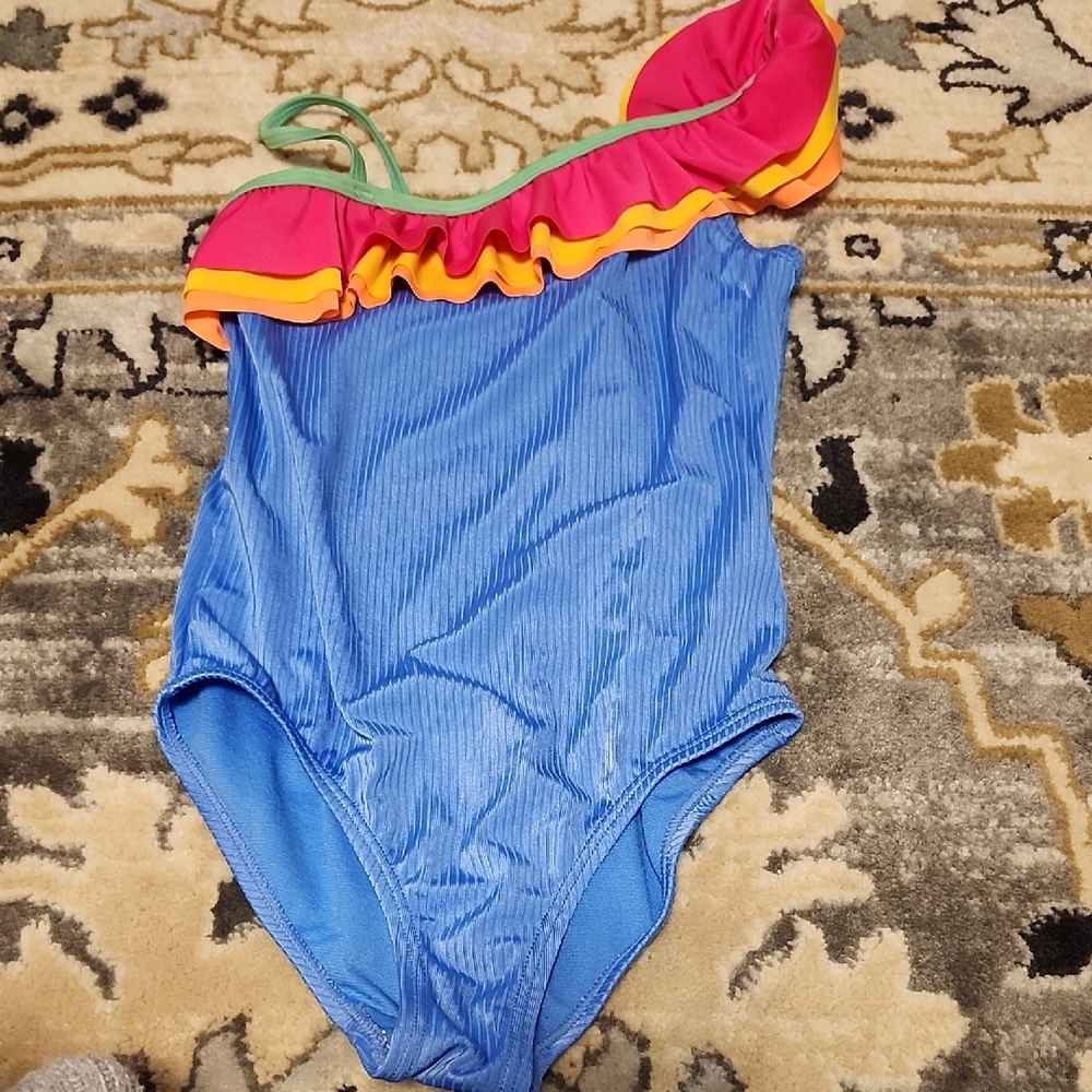 Wonder Nation Blue One Piece Swimsuit with Pink and Orange Ruffle